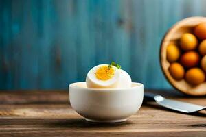 a bowl of eggs and a knife on a wooden table. AI-Generated photo