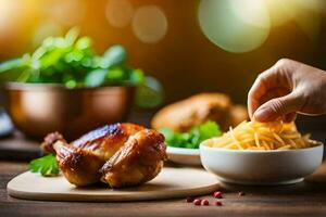 a person is holding a piece of chicken on a wooden cutting board. AI-Generated photo