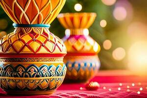 a colorful vase with a bright light behind it. AI-Generated photo
