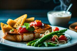 a plate of food with grilled fish, asparagus and tomatoes. AI-Generated photo