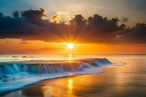 the sun rises over the ocean and waves crashing into the shore. AI-Generated photo