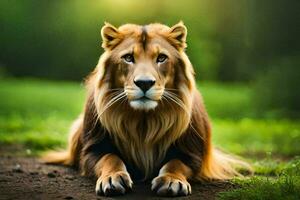 a lion is sitting on the ground in the grass. AI-Generated photo