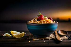 the bowl of pasta with strawberries and lemon slices. AI-Generated photo