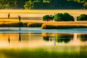 two people fishing in the water at sunrise. AI-Generated photo