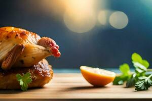 a chicken is sitting on a wooden cutting board. AI-Generated photo