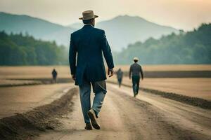 un hombre en un traje camina abajo un suciedad la carretera. generado por ai foto