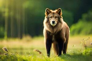 un marrón lobo en pie en el césped. generado por ai foto