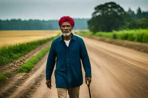 an old man with a turban walking down a dirt road. AI-Generated photo