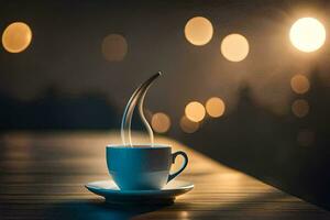 a cup of coffee on a wooden table with a blurred background. AI-Generated photo