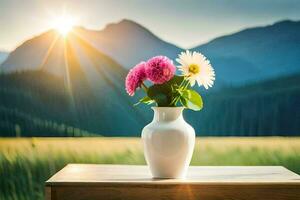 flowers in a vase on a table in front of mountains. AI-Generated photo