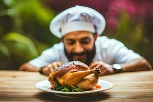 un cocinero es mirando a un pollo en un lámina. generado por ai foto