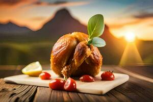 a chicken on a wooden board with a lemon and cherry. AI-Generated photo