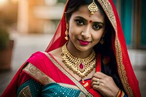 a beautiful indian woman wearing a red sari and jewelry. AI-Generated photo