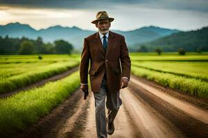 un hombre en un traje y sombrero caminando abajo un suciedad la carretera. generado por ai foto