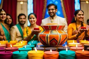 a group of people in indian attire are holding candles. AI-Generated photo