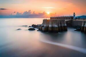 a long exposure photograph of a lighthouse at sunset. AI-Generated photo