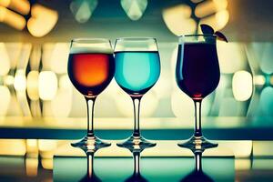 three glasses of different colored drinks on a table. AI-Generated photo