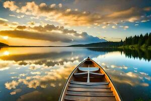 un canoa es flotante en el calma aguas de un lago. generado por ai foto