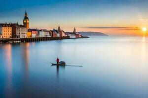 a man in a boat is floating in the water at sunset. AI-Generated photo