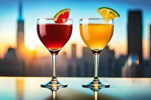 two glasses of wine with fruit and watermelon slices on the table. AI-Generated photo