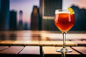 a glass of red drink sitting on a table in front of a city skyline. AI-Generated photo