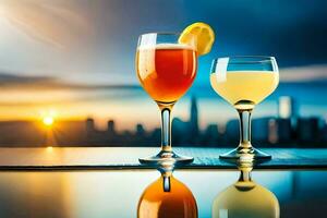 two glasses of wine and lemonade on a table with city skyline in the background. AI-Generated photo