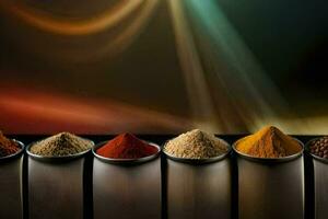 a row of spices in a metal container. AI-Generated photo