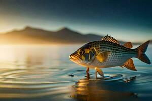 un pescado es en pie en el agua con un montaña en el antecedentes. generado por ai foto