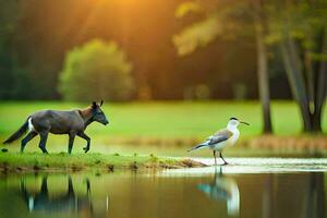 a horse and a bird standing in the water. AI-Generated photo