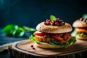 two hamburgers with tomatoes and pomegranate on a wooden board. AI-Generated photo