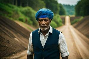 an old man wearing a turban on a dirt road. AI-Generated photo