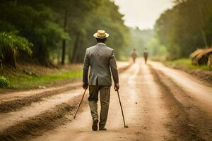 un hombre caminando abajo un suciedad la carretera con caña. generado por ai foto