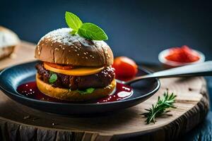 a hamburger with tomato sauce and herbs on a plate. AI-Generated photo