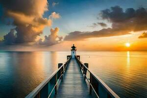 a lighthouse stands on a pier at sunset. AI-Generated photo