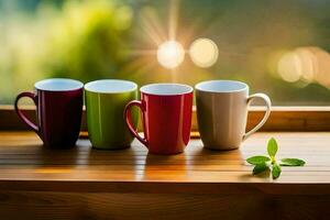 four coffee cups on a window sill. AI-Generated photo