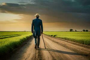 a man in a suit and hat walking down a dirt road. AI-Generated photo