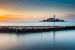 a lighthouse sits on the shore of the ocean at sunset. AI-Generated photo