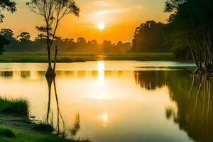 el Dom sube terminado un lago en el medio de un bosque. generado por ai foto