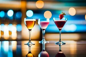 three glasses of different colored drinks on a bar. AI-Generated photo