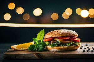 a hamburger with tomatoes, lettuce and a slice of lemon. AI-Generated photo