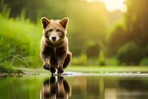 a brown bear running across a pond. AI-Generated photo