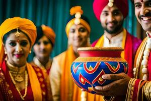 indio Boda ceremonia en el ciudad. generado por ai foto