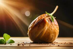 a roasted pomegranate on a wooden table. AI-Generated photo
