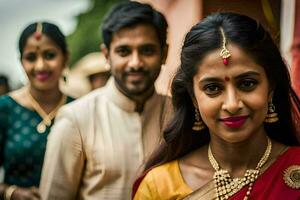 a woman in traditional indian attire with her husband and friends. AI-Generated photo