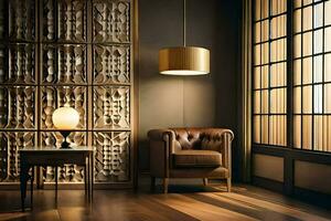 a room with a leather chair and a lamp. AI-Generated photo