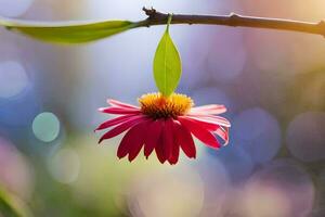 a single pink flower is hanging from a branch. AI-Generated photo