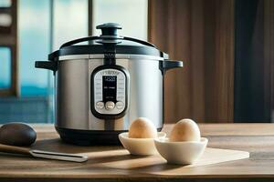 an electric pressure cooker with eggs on a table. AI-Generated photo