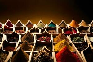 a variety of spices in wooden bowls. AI-Generated photo