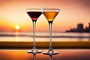 two glasses of wine on a table with the sun setting behind them. AI-Generated photo