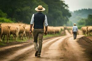 a man walking down a dirt road with sheep in the background. AI-Generated photo